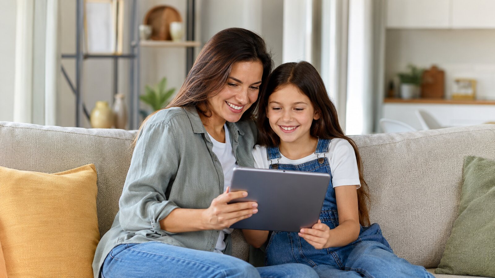 A mother and daughter watching a patient education video together on a tablet at home